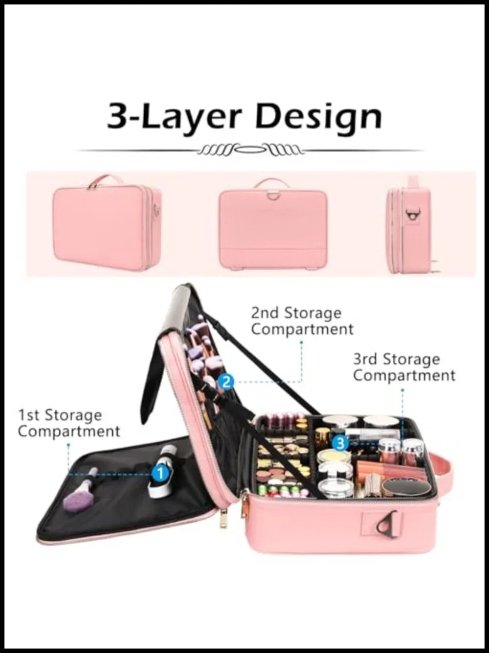 PU Leather Large Capacity Travel Cosmetic Organizer with Adjustable Dividers